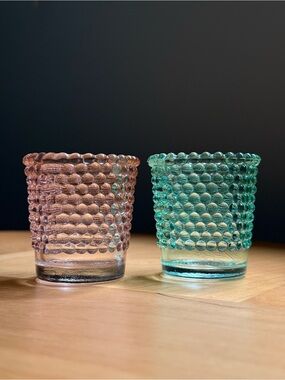 Set of 2 Vintage Hobnail Pink Blue Glass Votive Candle Toothpick Q-tip Holder